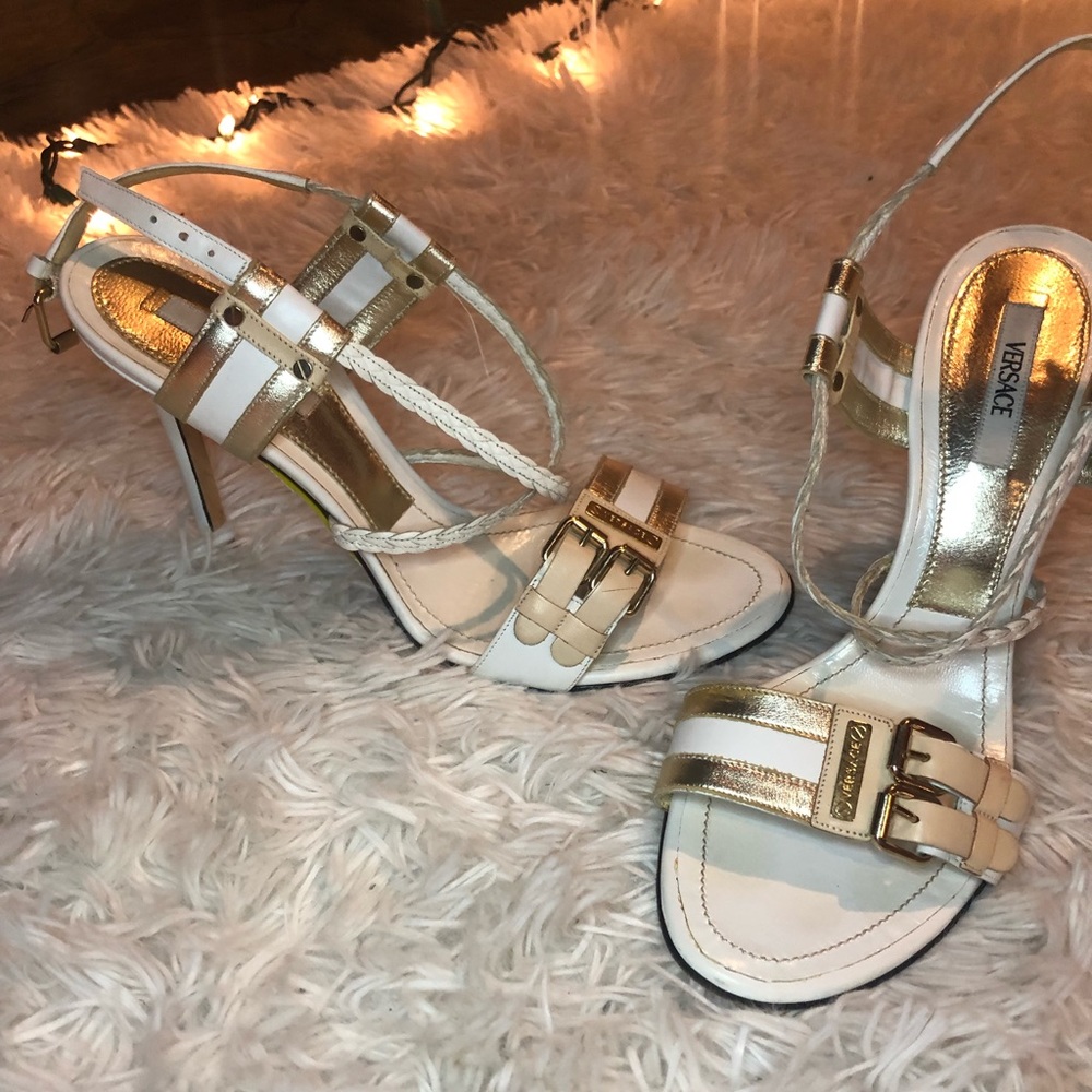 Versace Braided Leather Heels in white and gold